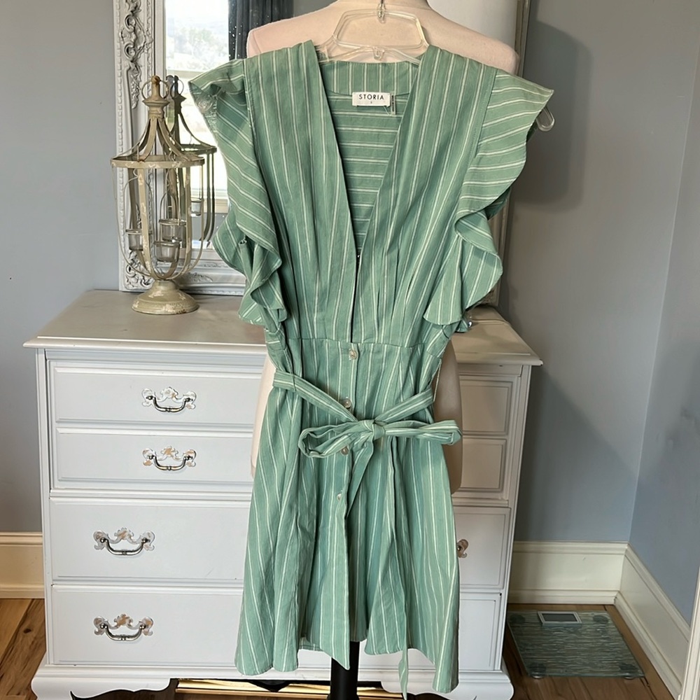 Storia Green Dress Flutter Sleeve Cotton Womens Small